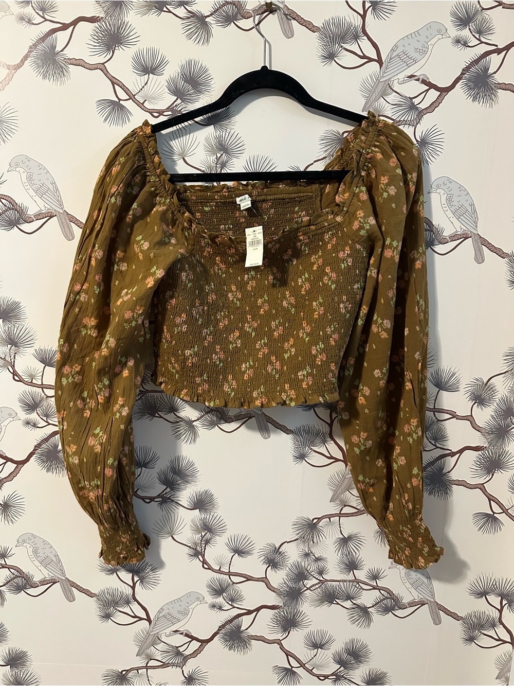 Aerie NWT Floral Smocked Puff Sleeve Crop Top Medium Cottagecore Brown